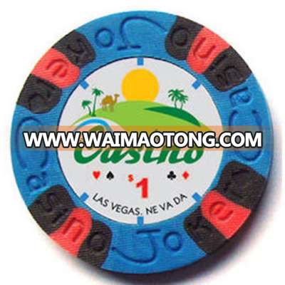 9.5g Tri-Color Casino Joker Engraved Pure Clay Poker Chips / Cheap custom pure clay poker chips